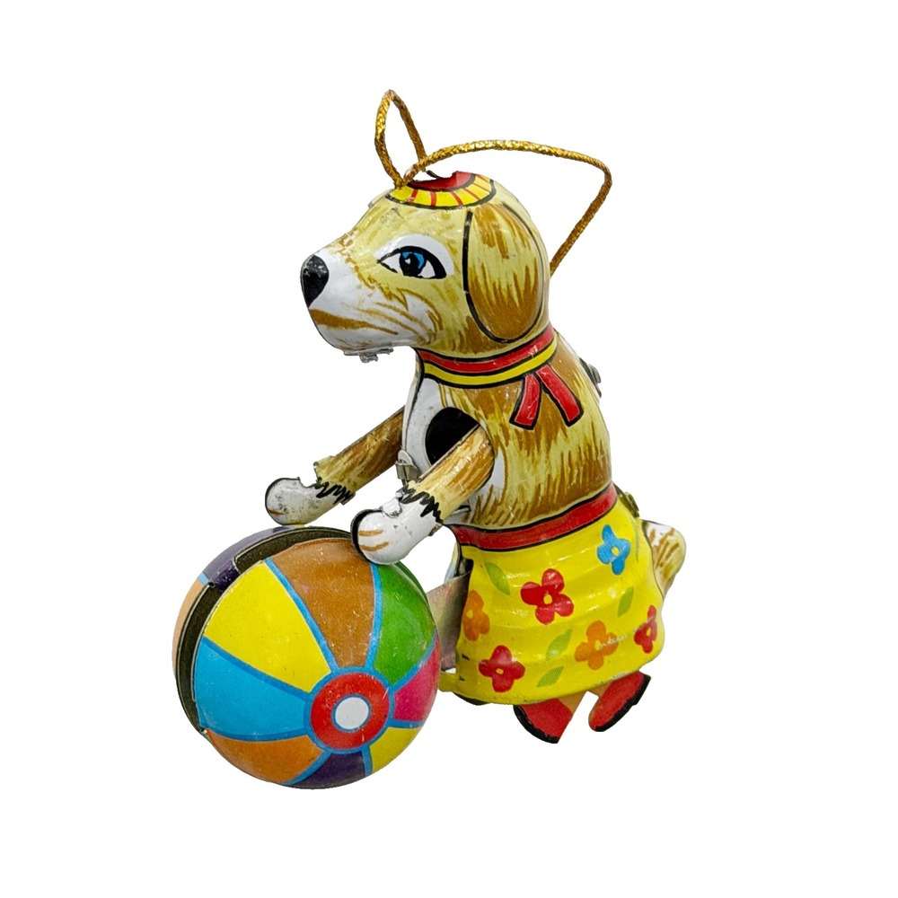 Vintage Tin Dog Rolling Ball Ornament Made In Germany Ball Rolls 3"